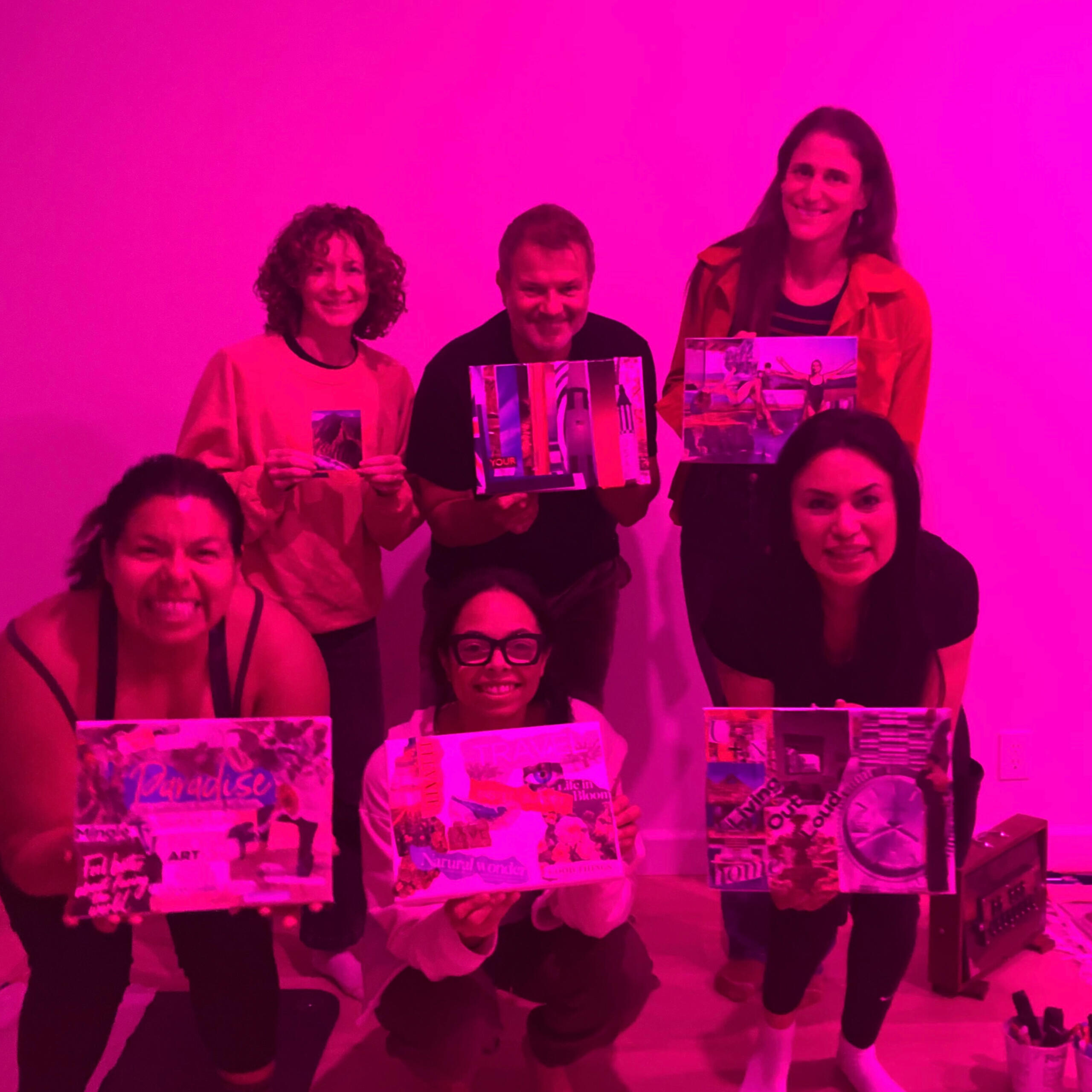 Harmony & Vision Soundbath in Burbank participants in the Harmony & Vision sound bath with art event proudly display their collage art